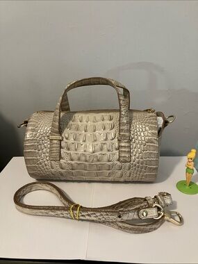 Beige Croc-Embossed Barrel Satchel Bag with Detachable Strap, BRAHMIN Bag